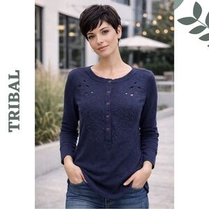 TRIBAL Embroidered Henley Top — Navy | Button Front | Boho Casual | Size Small
